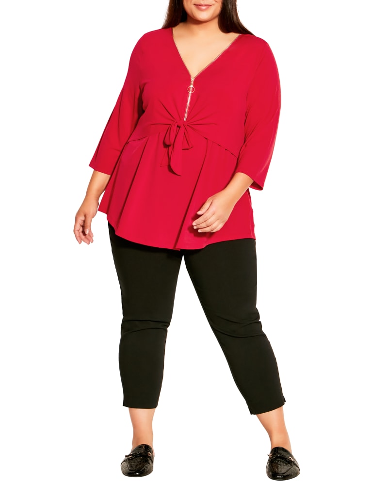 Front of a model wearing a size 14 Lia Zip Tie Tunic in Red by avenue. | dia_product_style_image_id:234188